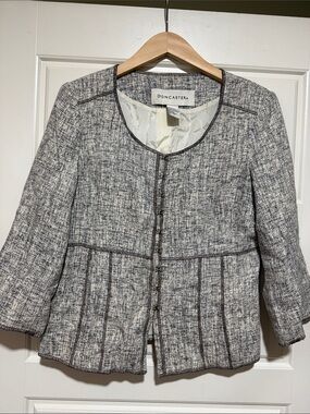 Doncaster Gray Tweed silk vintage Collarless Blazer with Dark Trim